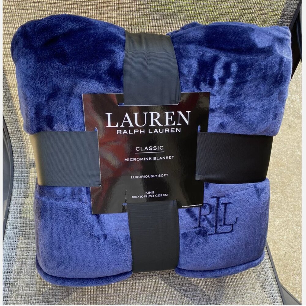 Ralph Lauren Classic Micromink Navy Blue Polyester KING Blanket 108"x90"